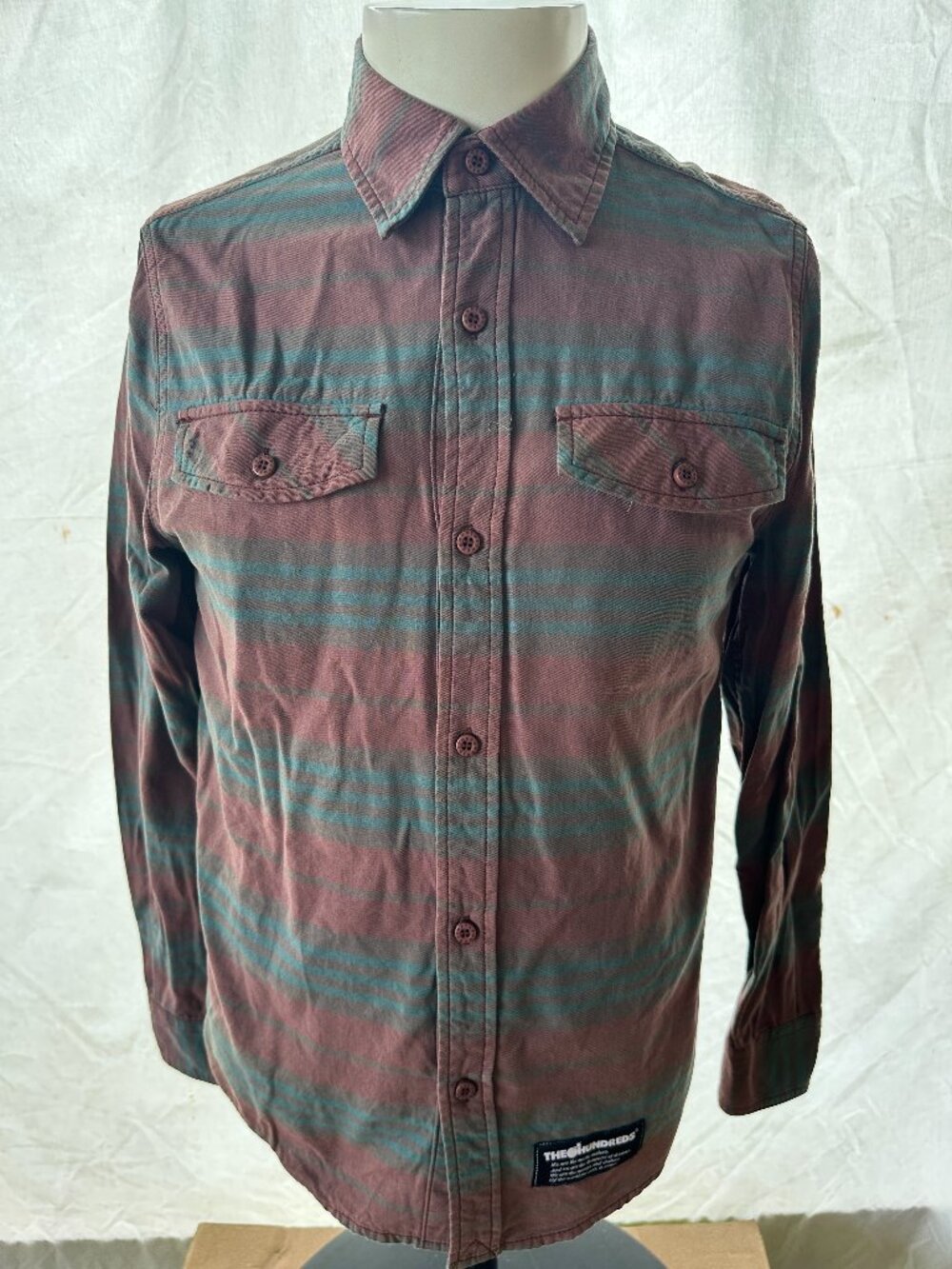 The Hundreds Men's Maroon Blue Plaid LS Button Front Shirt Small Cotton